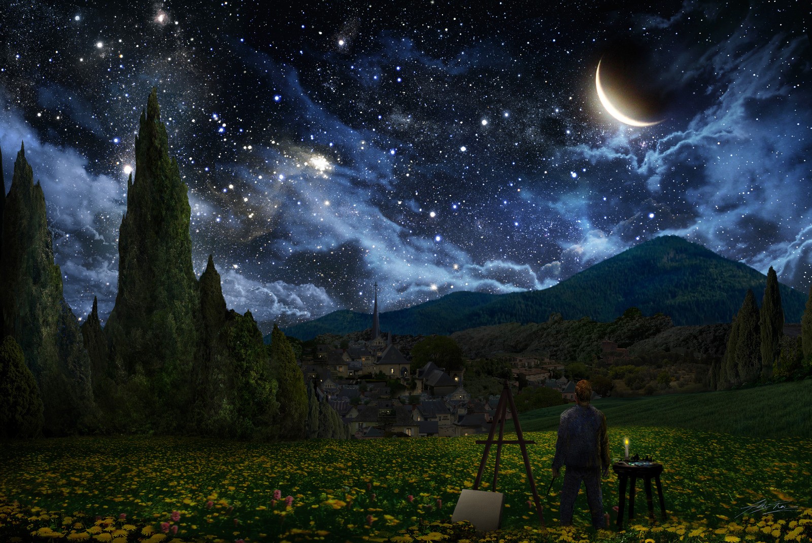 night stars moon camping alex ruiz HD Wallpaper