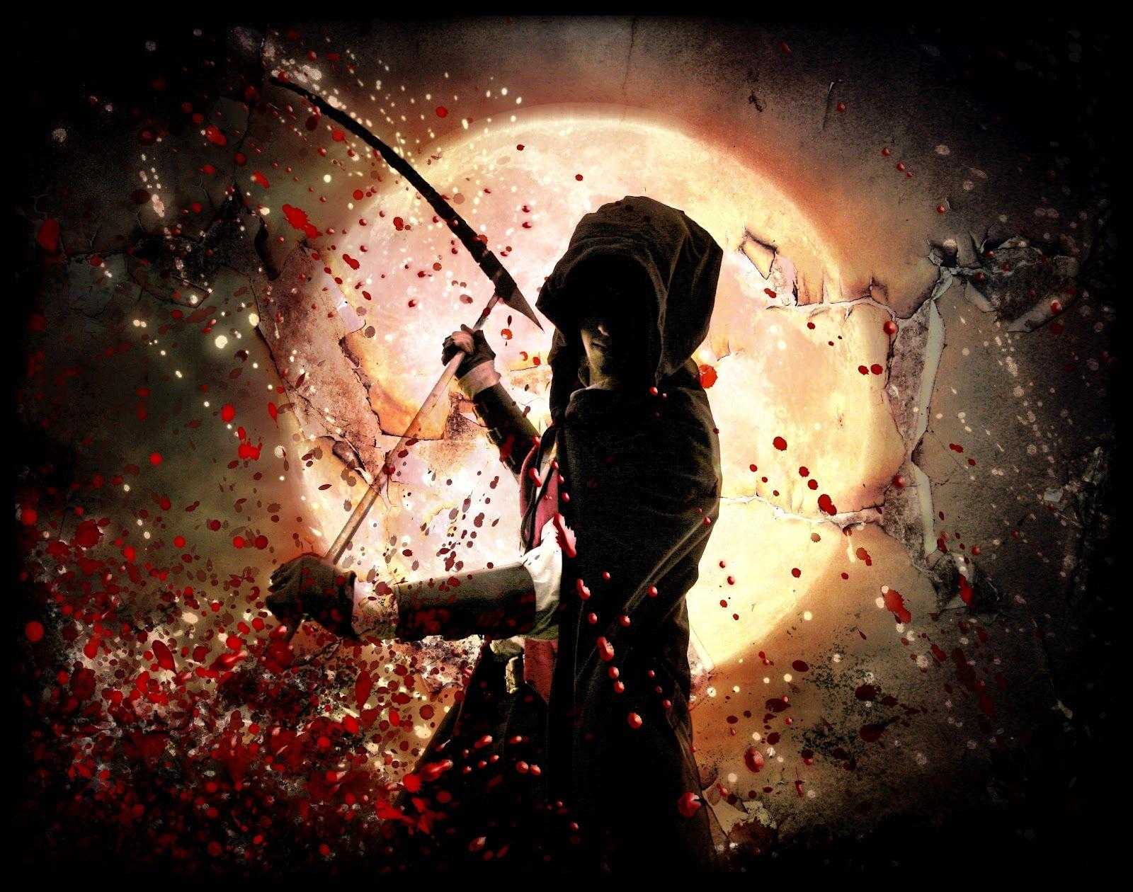 A dark figure with a hood and weapon against a blood moon backdrop, creating a dramatic and mysterious scene