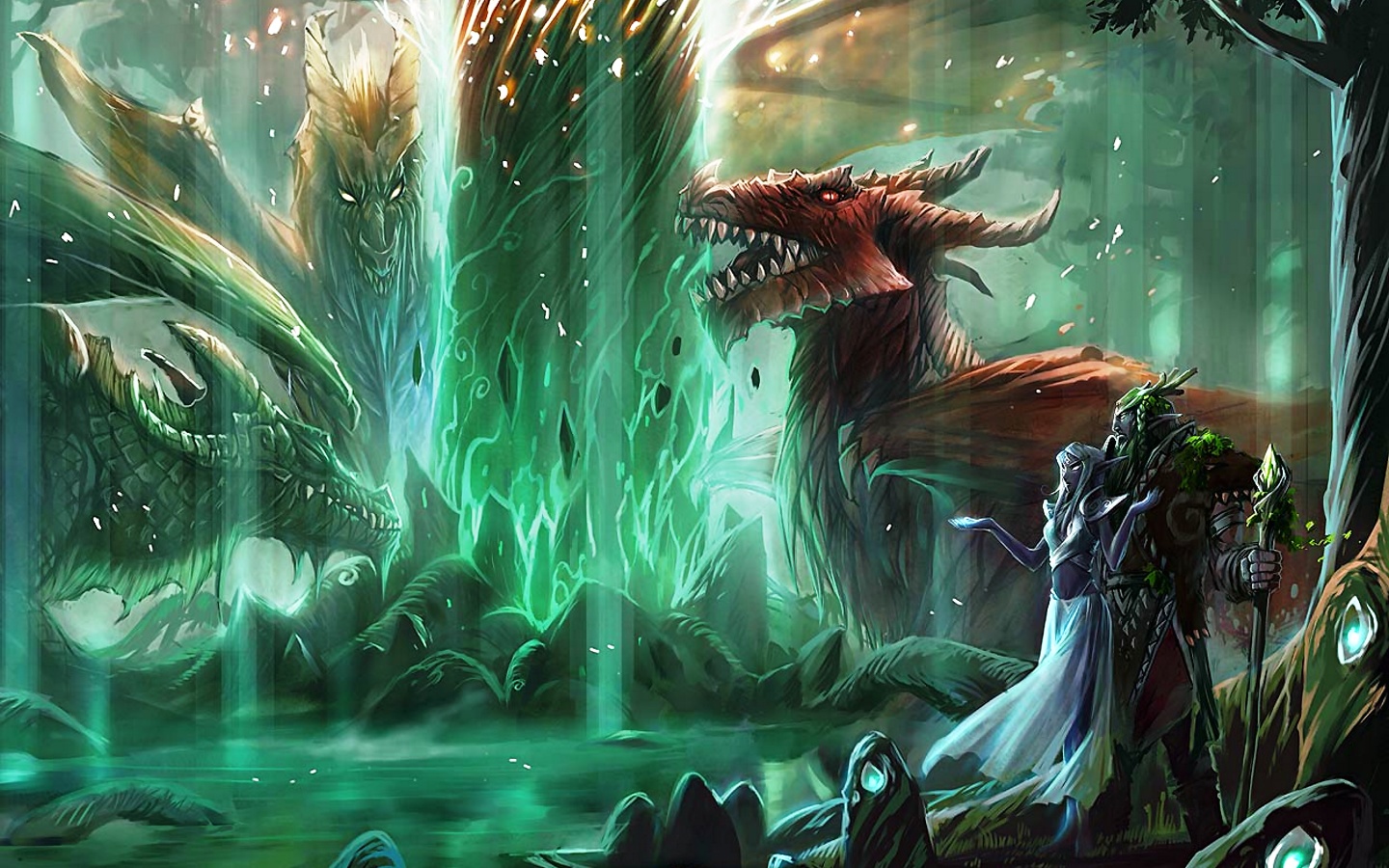 Great Green World Of Warcraft Game Picture With Dragons And Fire
