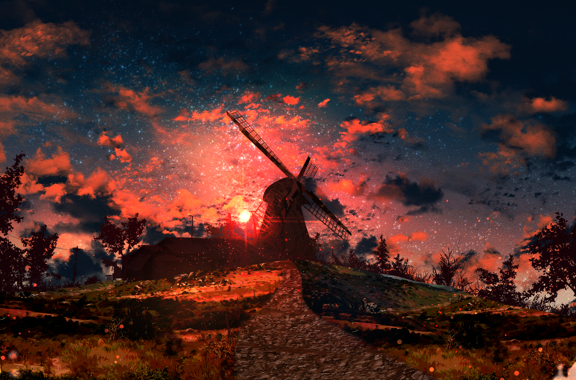 Anime Sunset Windmill Wallpaper