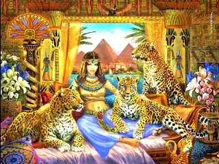 Egyptian Queen Her Leopards Animals River