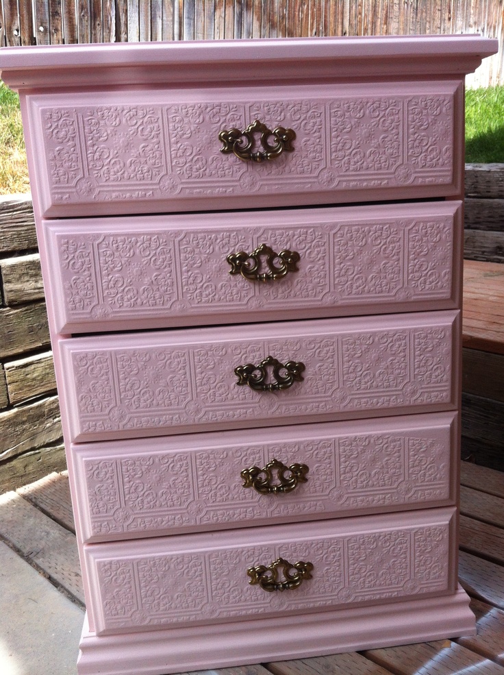 Old Dresser Turned New Covered With Textured Wall Paper And Painted