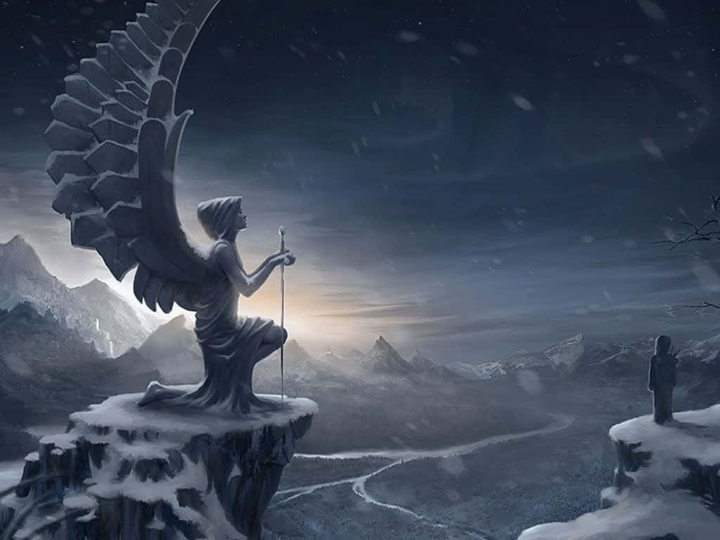 A snow-covered angel statue kneels on a cliff, overlooking a wintry mountain valley at dawn.  A lone figure stands on a distant cliff, adding a sense of mystery and scale to the scene