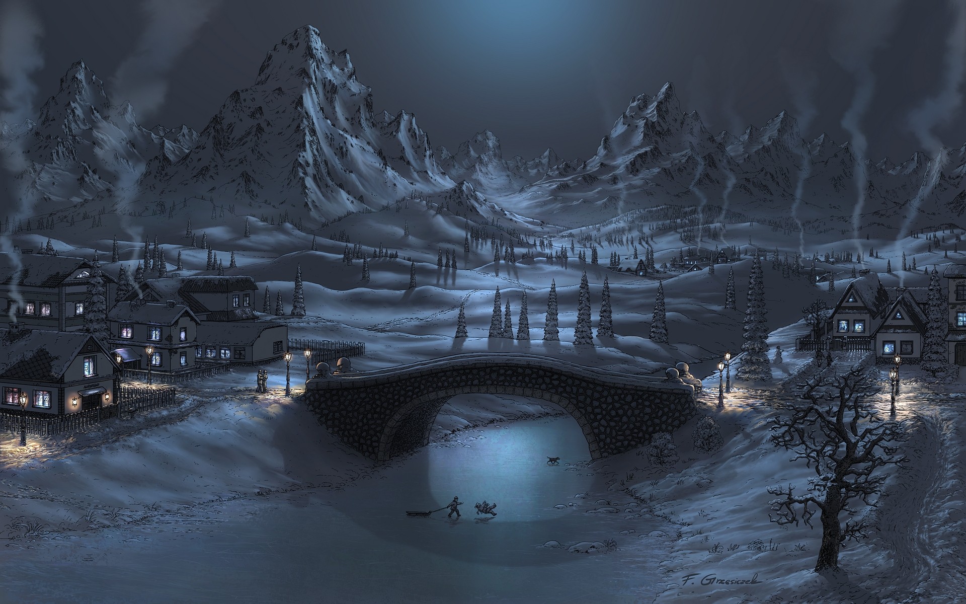 Mountains winter snow night bridges artwork fel x wallpaper background