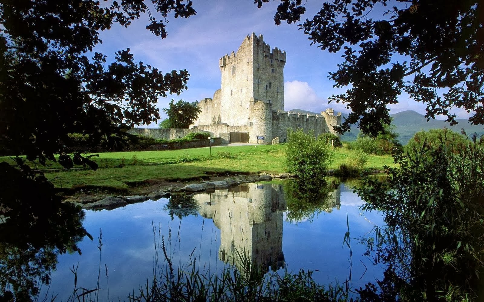 Ross Castle reflected in the still waters of Lough Leane, Killarney National Park, Ireland. This majestic medieval castle, a popular tourist destination, stands in stark contrast to the tranquil beauty of the lake