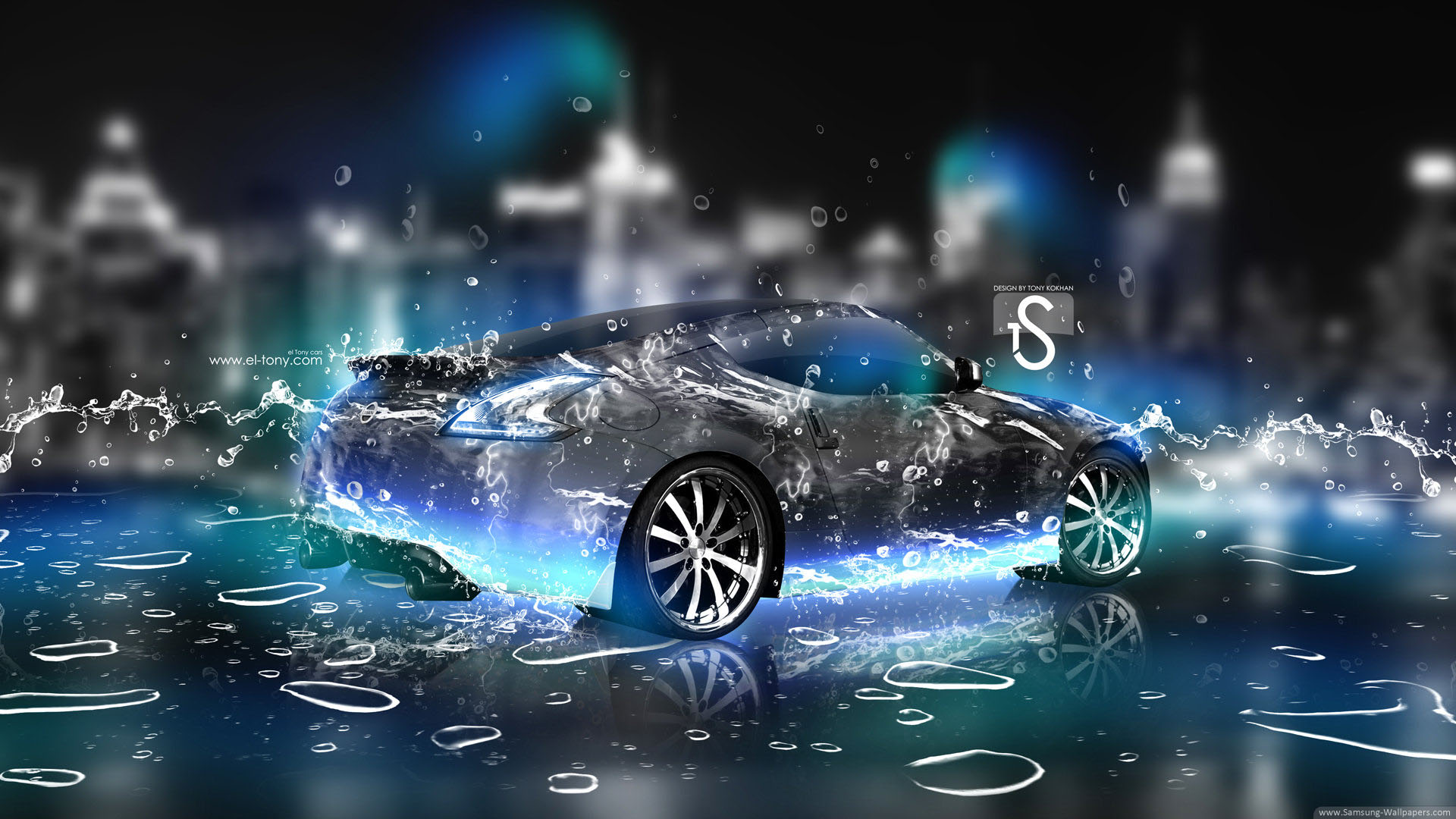 A sleek, black sports car surrounded by splashing water and neon lights against a blurred cityscape background
