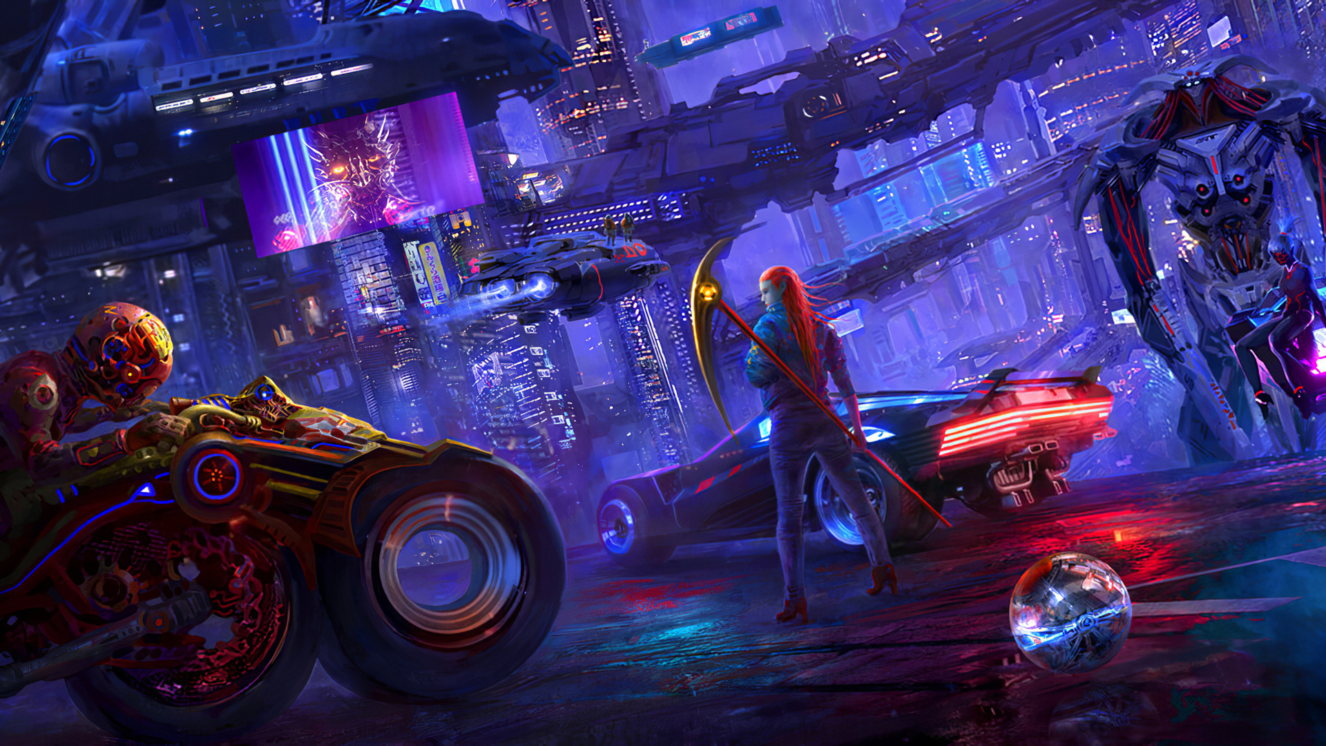 A cyberpunk cityscape at night, featuring a female figure with a scythe, futuristic vehicles, and a robot on a motorcycle