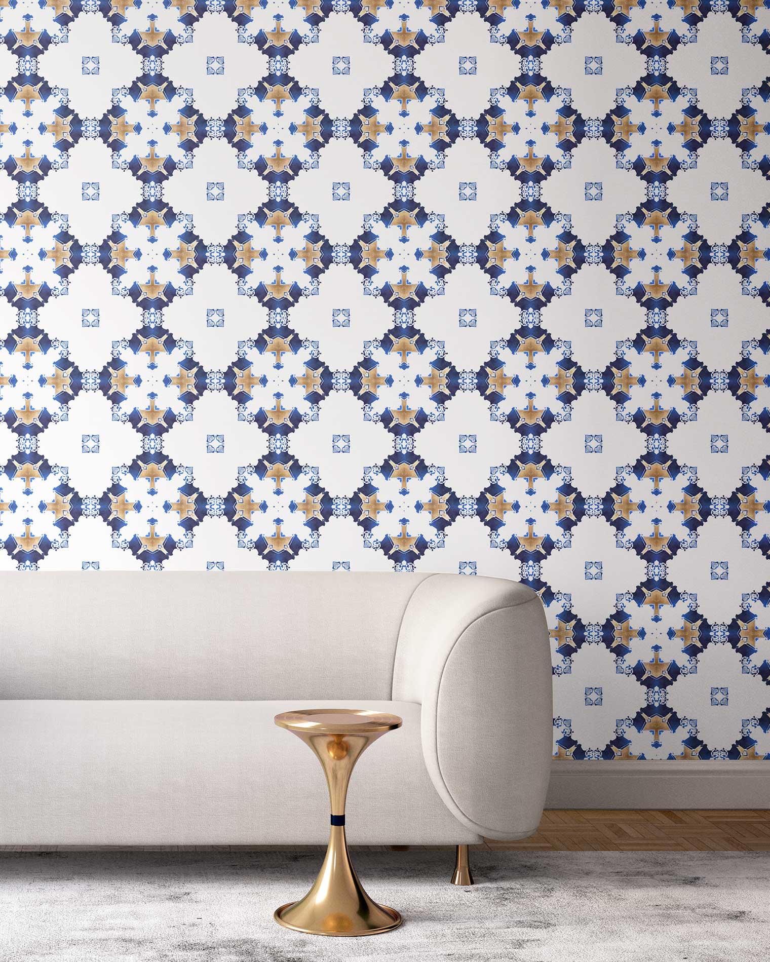 Eva Blue White Art Deco Wallpaper