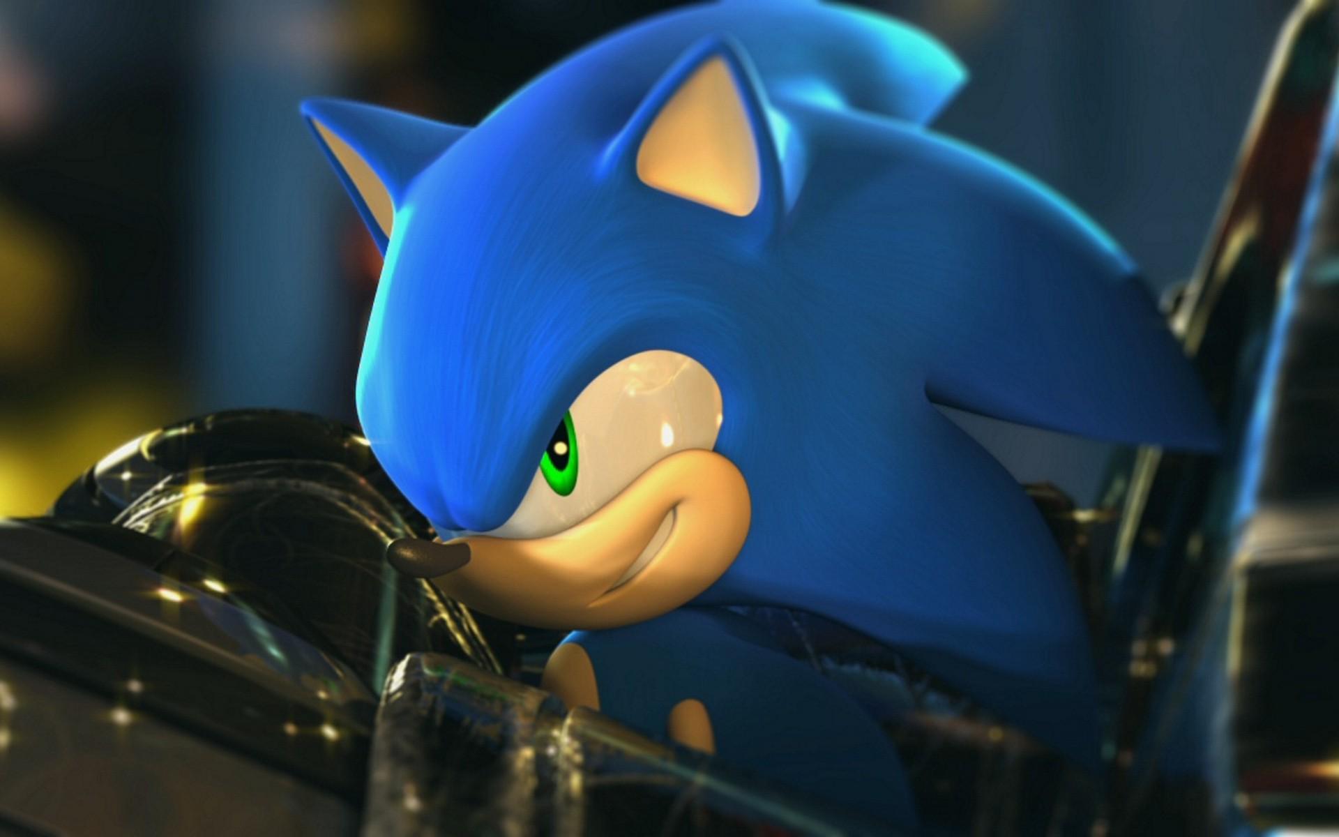 Close-up of Sonic the Hedgehog in a racing vehicle, likely from a video game