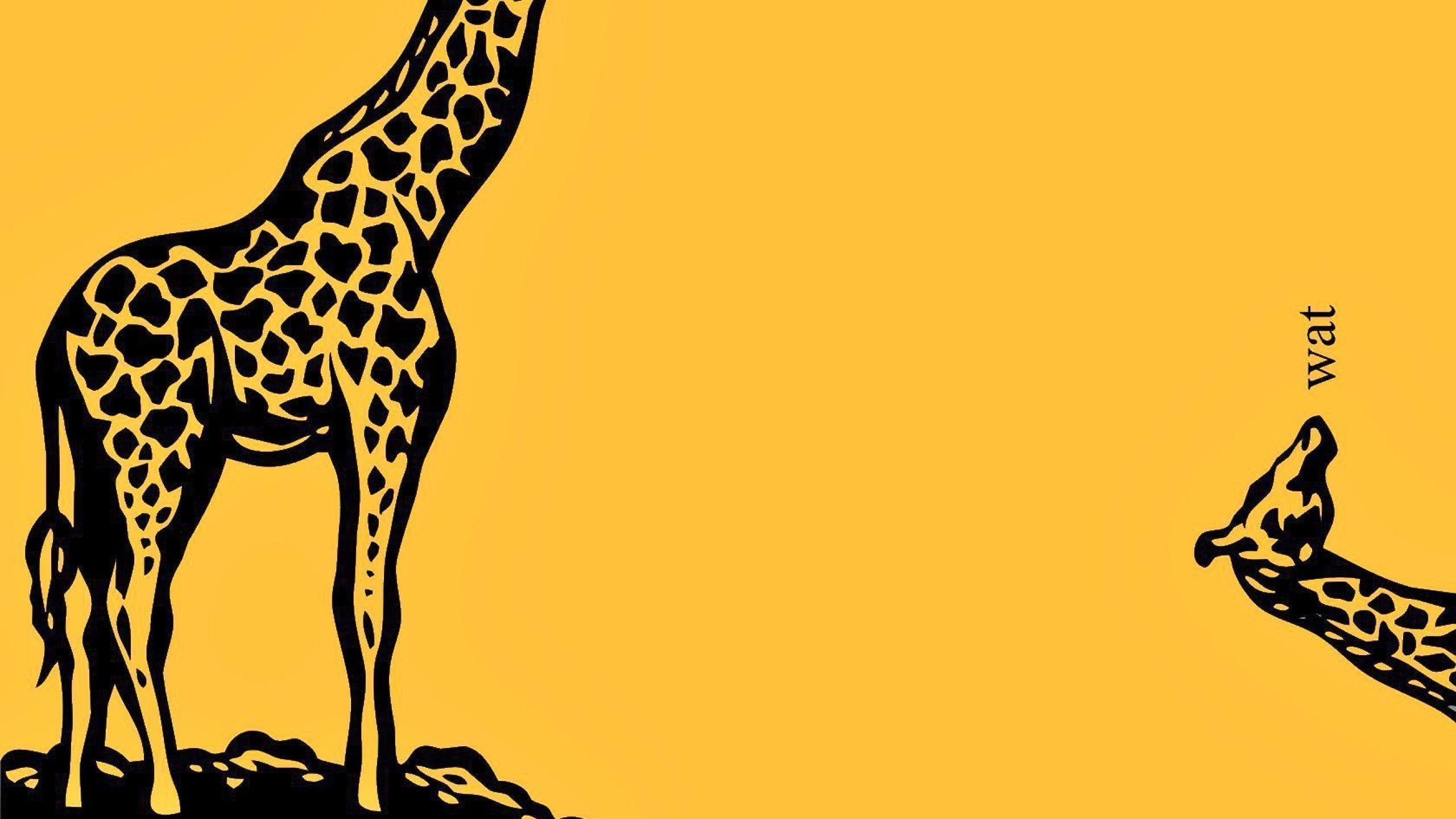 A humorous illustration of two giraffes, one standing upright and the other upside down, with the word 'wat' next to it, against a vibrant yellow background