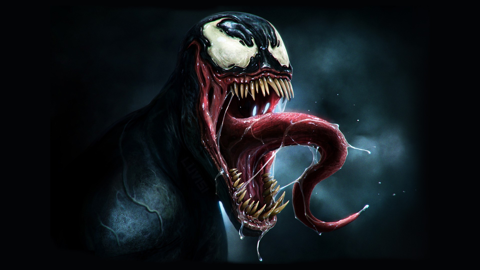 Close-up of Venom's menacing face with long tongue and sharp teeth, against a dark background