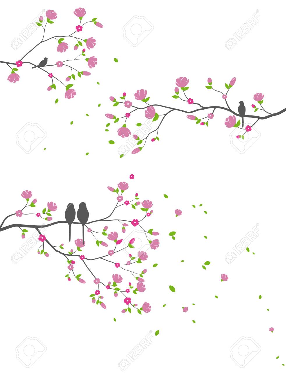 Beautiful Tree Branch With Birds And Flower Silhouette Background