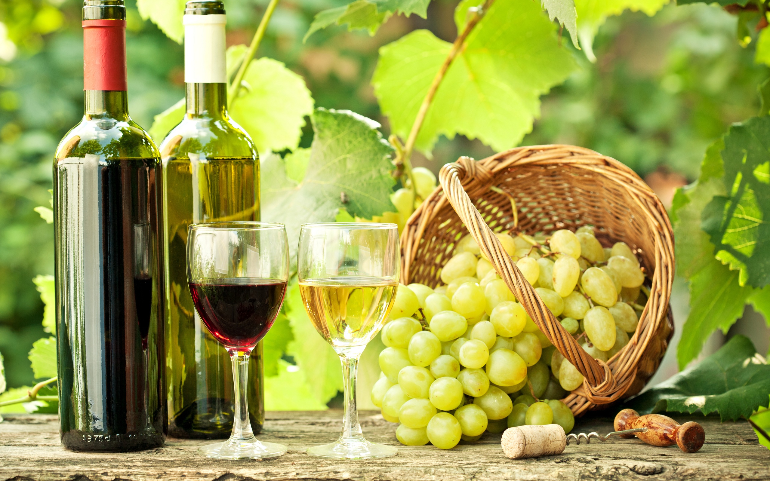 Grapes Basket And Wine Bottles Wallpaper