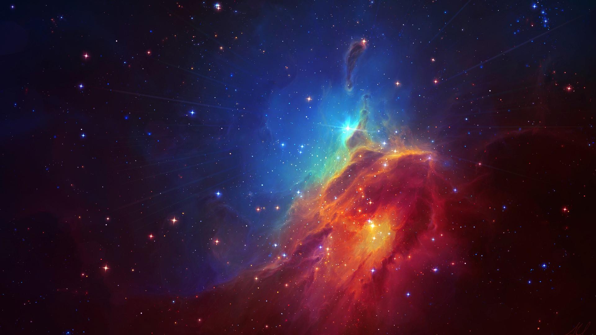 Vivid and colorful nebula in a vast galaxy with bright stars scattered across the dark cosmic background. Perfect wallpaper for space enthusiasts