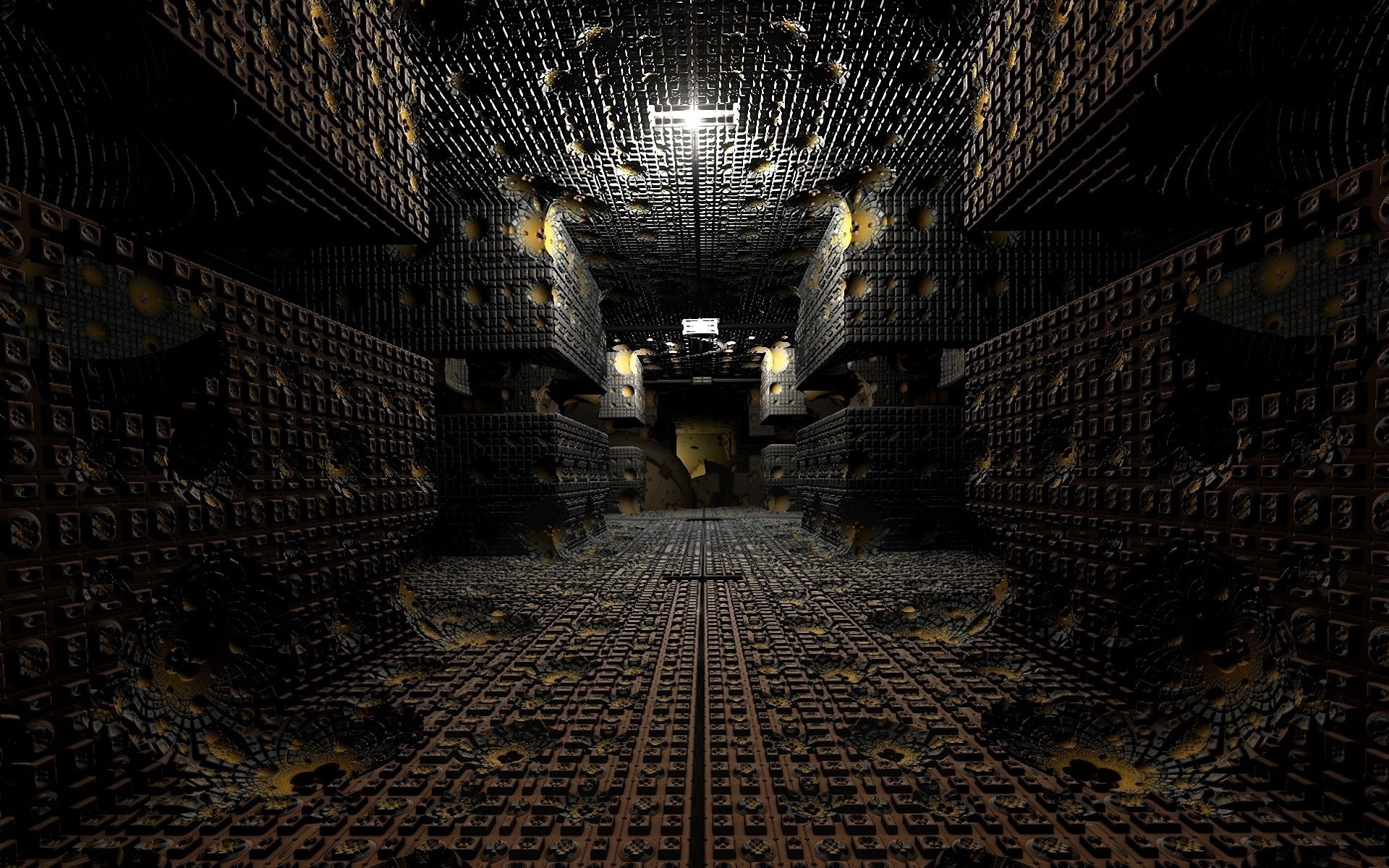 3D render of a dark, intricate tunnel with textured walls and a patterned floor, suitable for a desktop wallpaper