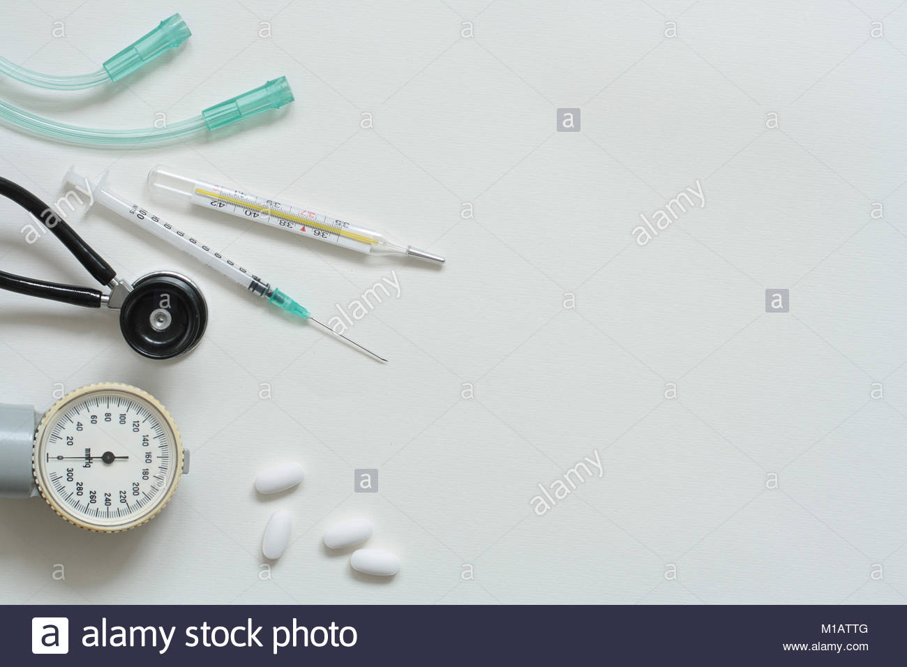 Various Medical Tools For A Pediatrician On Glossy Background