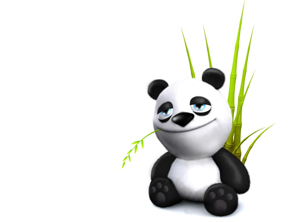 A cute cartoon panda sits contentedly with a bamboo sprig in its mouth, against a backdrop of taller bamboo stalks. This adorable image evokes a sense of peace and tranquility