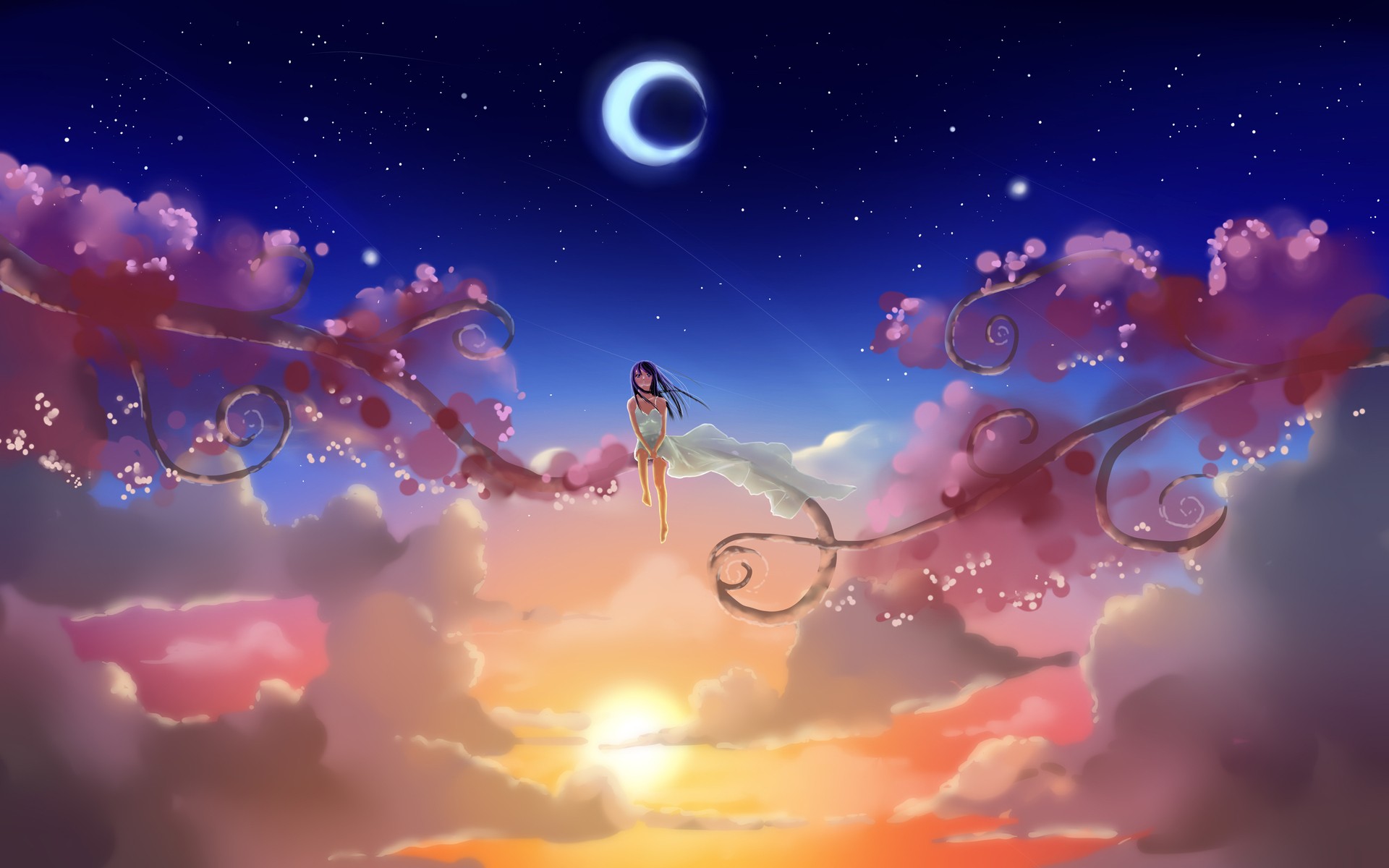 Clouds Sun Artwork Anime Skyscapes Crescent Moon