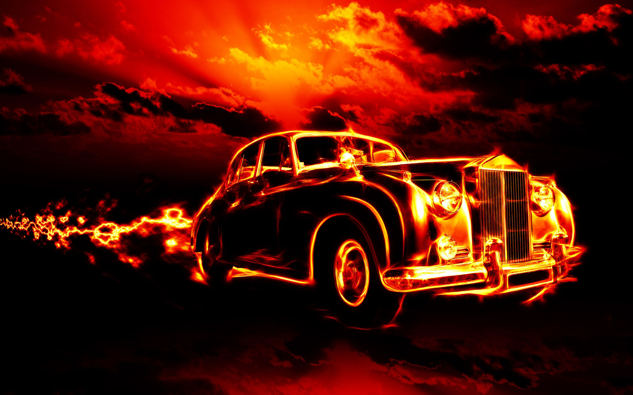 3D wallpaper of a classic car engulfed in flames against a fiery sunset backdrop