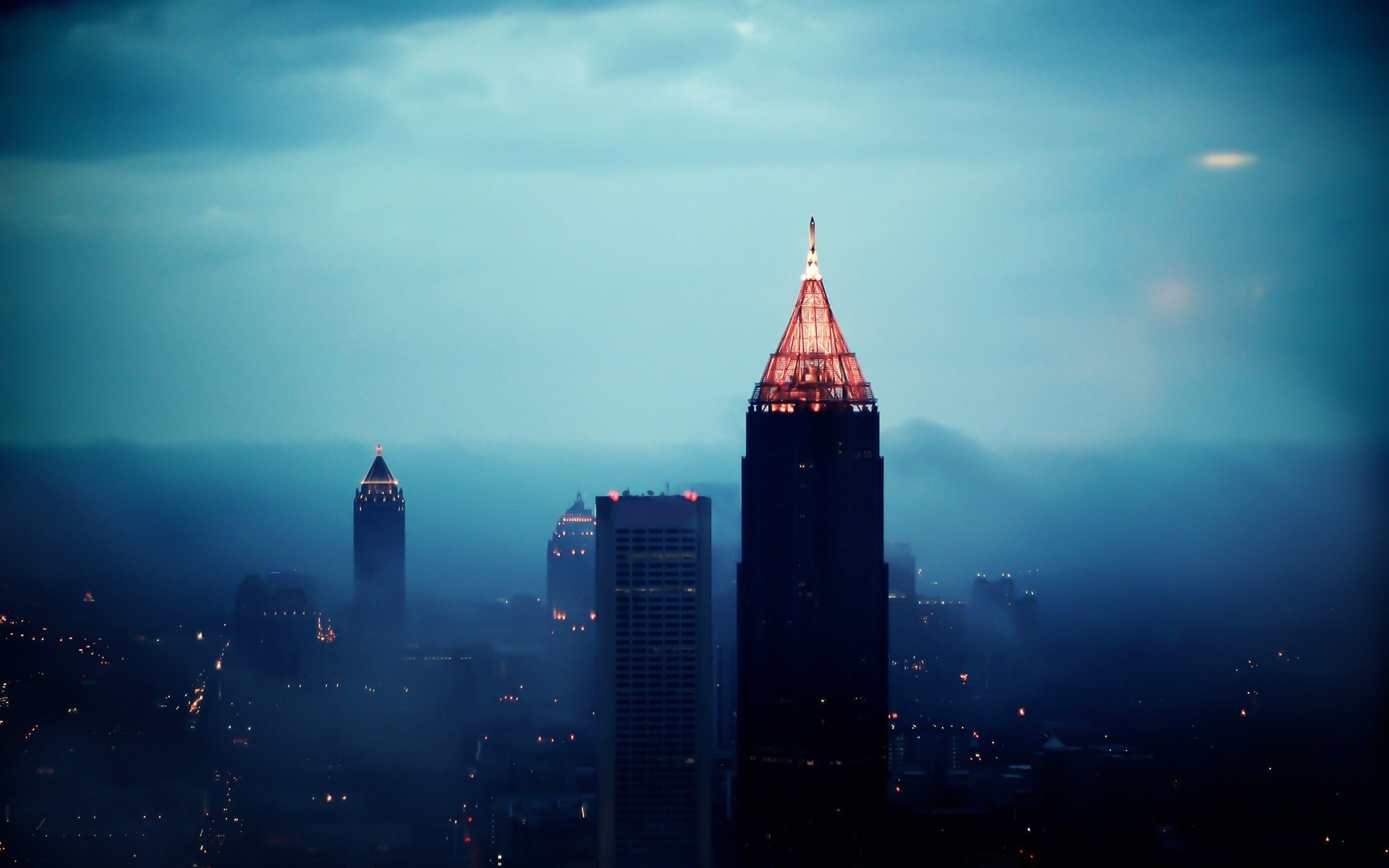 City Night Atlanta Fog Tower Skyscaper Photo Dim HD Wallpaper