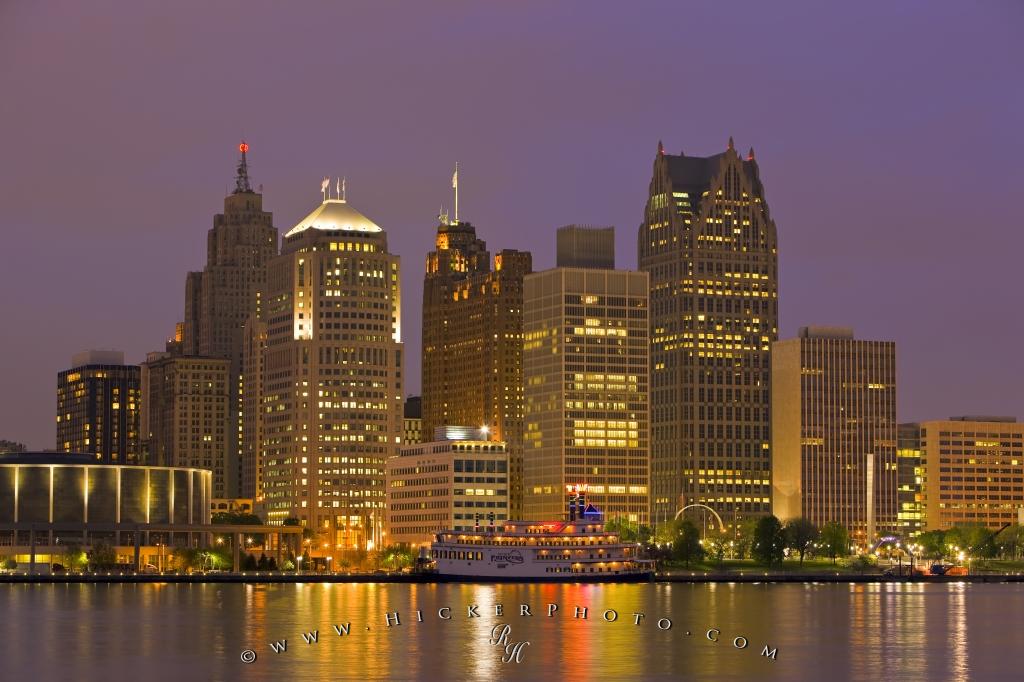 Detroit River And City Skyline At Dusk Michigan Usa Photo