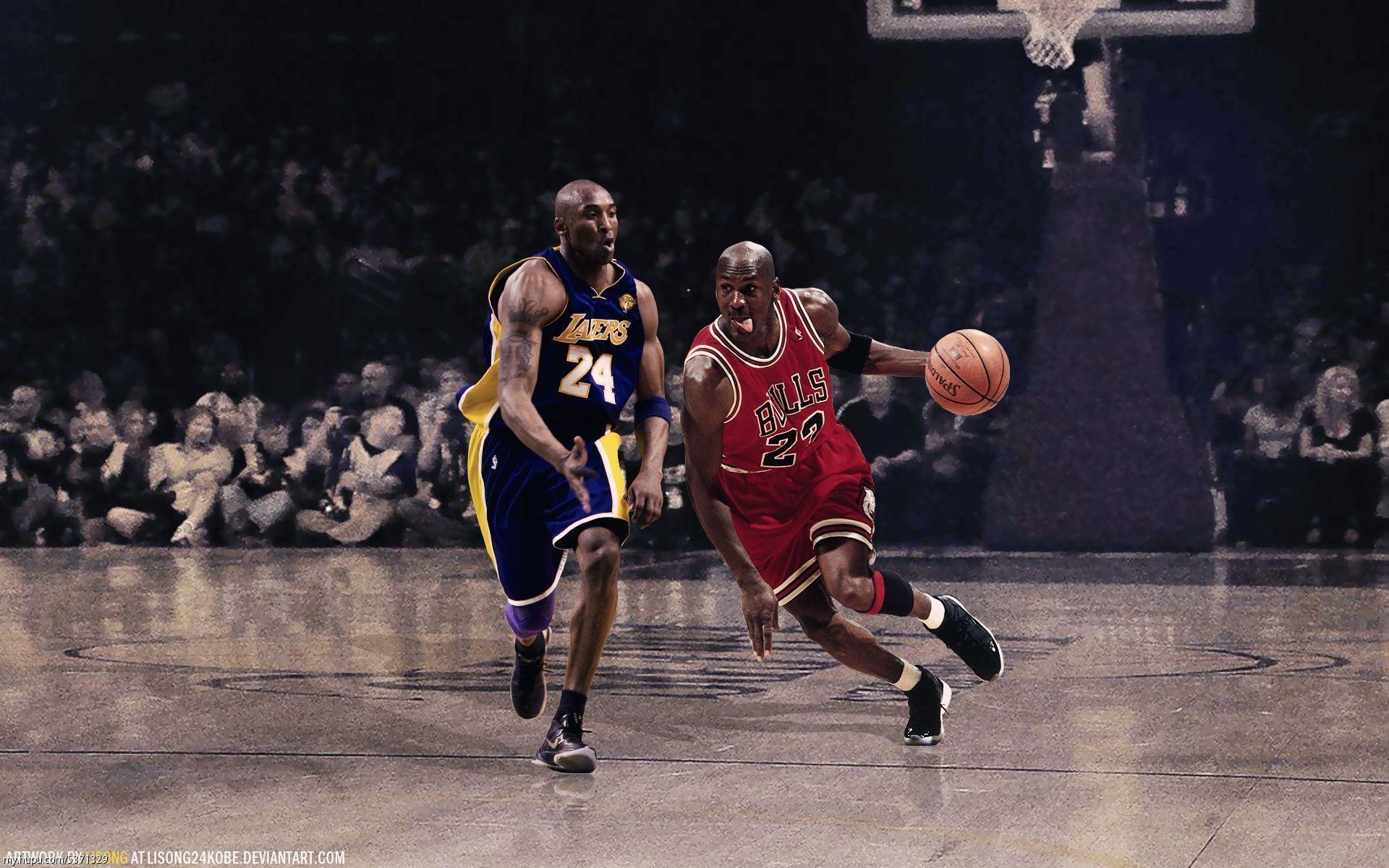 Michael Jordan dribbling past Kobe Bryant in a classic NBA matchup