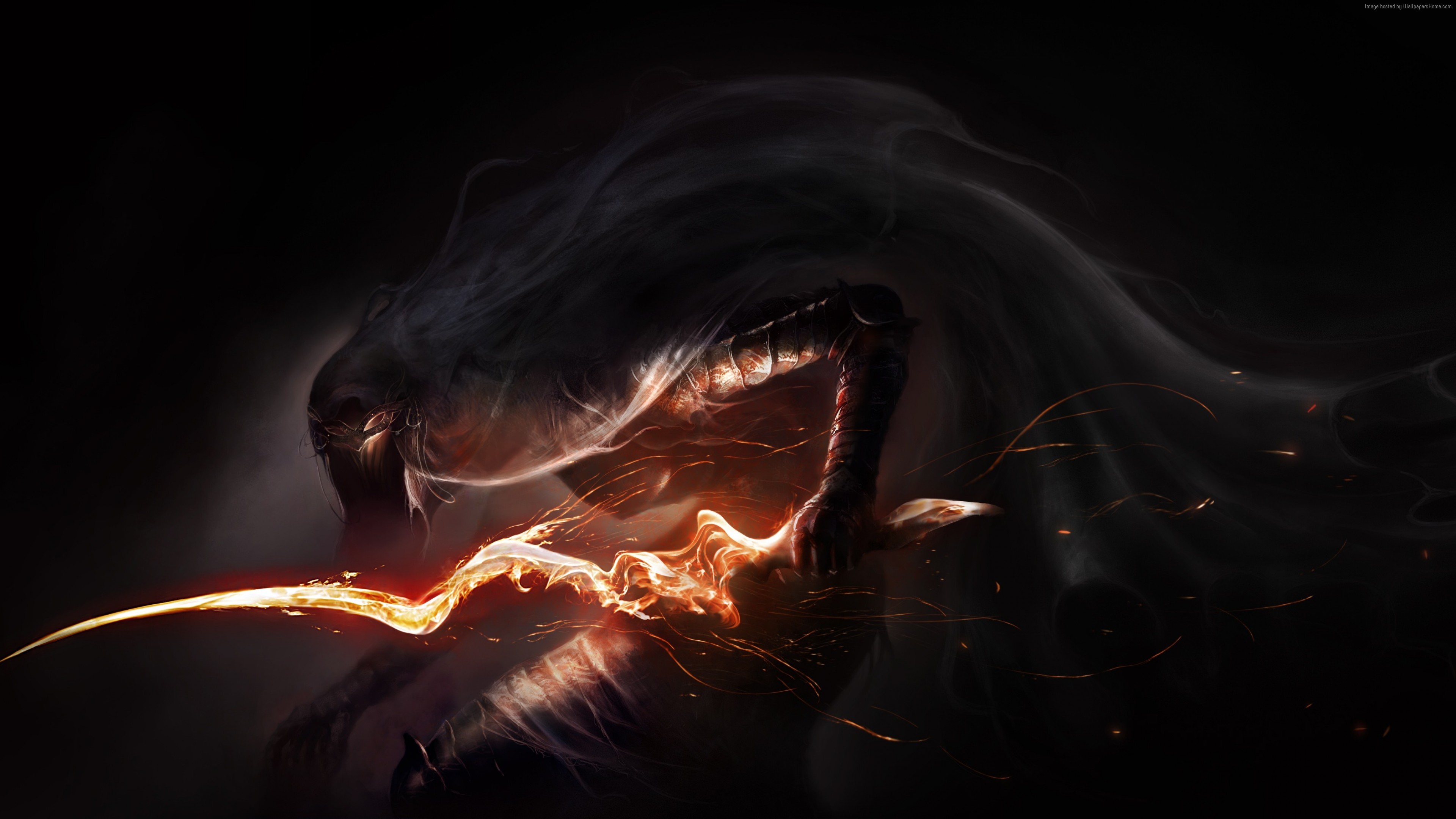 A dark, dynamic wallpaper featuring a cloaked figure wielding a fiery blade, possibly from a video game, suitable for Xbox consoles