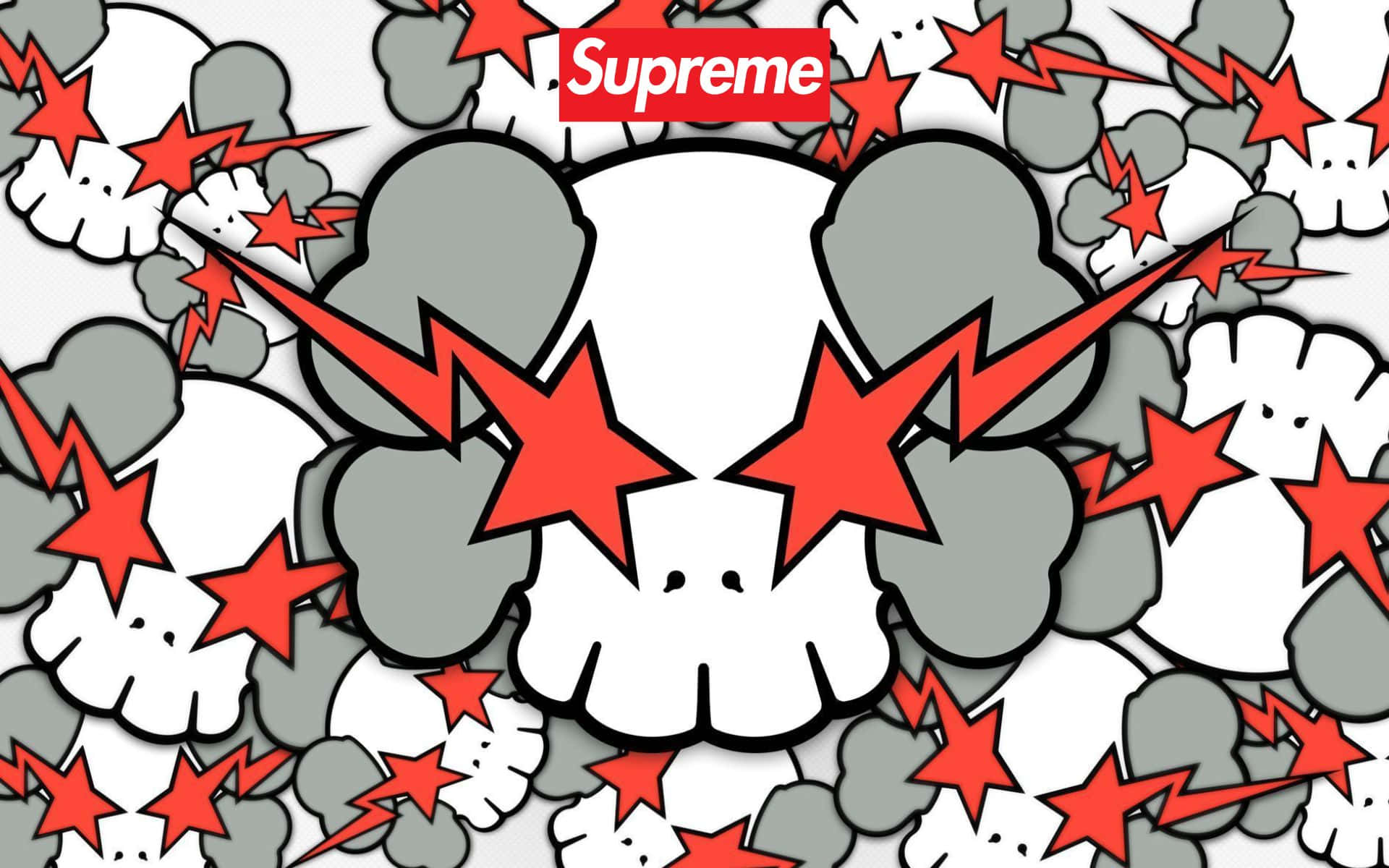 A Supreme x Kaws Chum Skull wallpaper with a white background, featuring the iconic skull with red star eyes and lightning bolts, repeated across the image