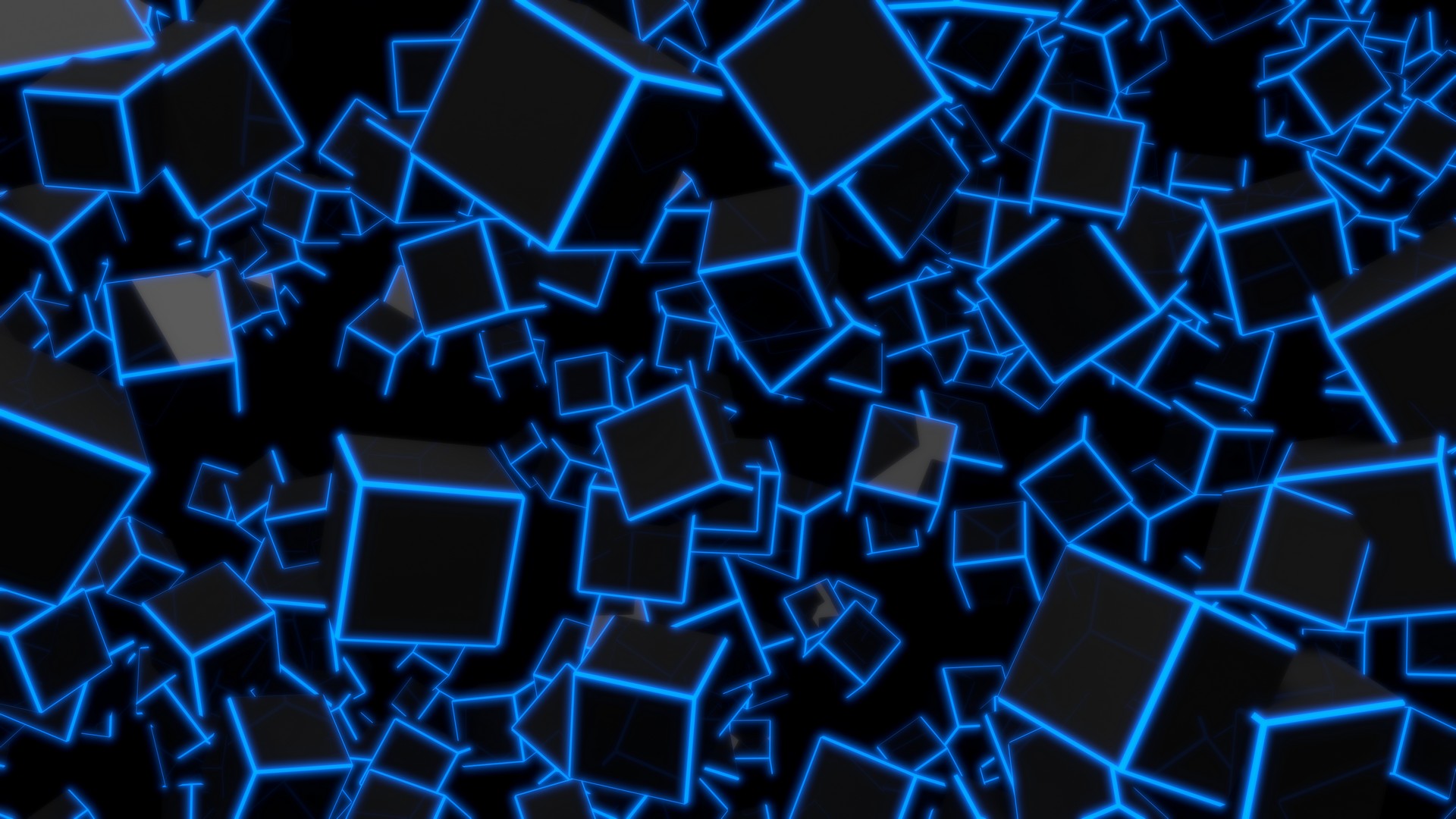 Abstract 3D render of dark cubes outlined in neon blue light against a black background. Perfect for a neon blue wallpaper