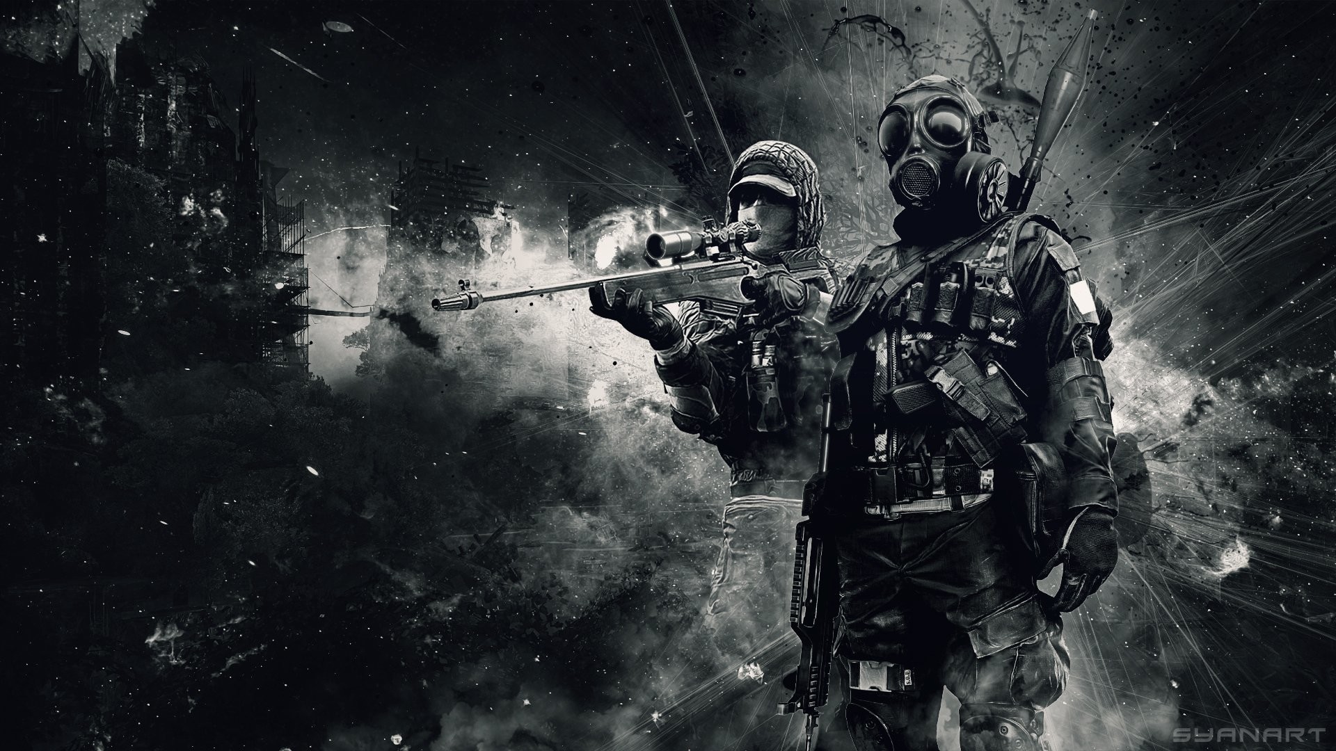 Two soldiers in a war-torn landscape, one with a sniper rifle and the other with a gas mask, creating a dramatic military scene