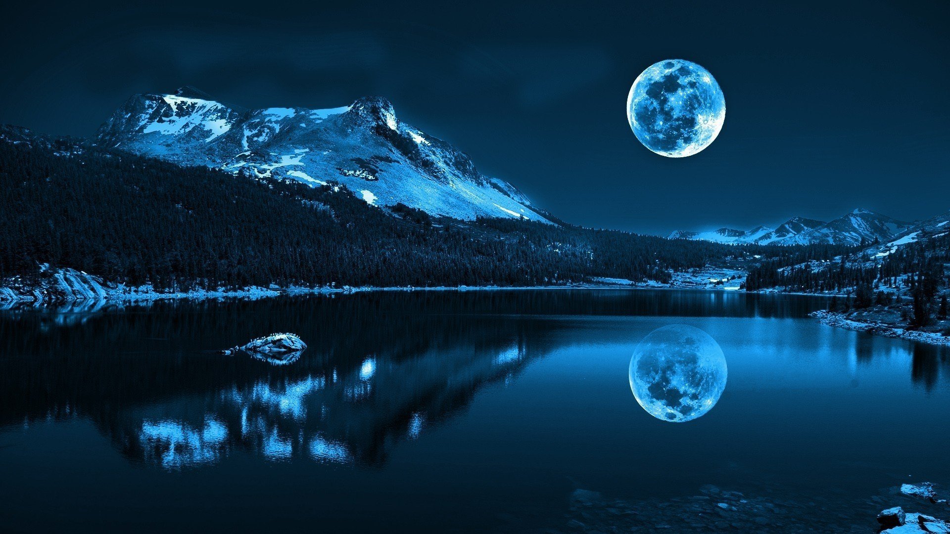 A breathtaking night landscape with a full moon reflected in a serene lake, surrounded by snow-capped mountains and dark forests
