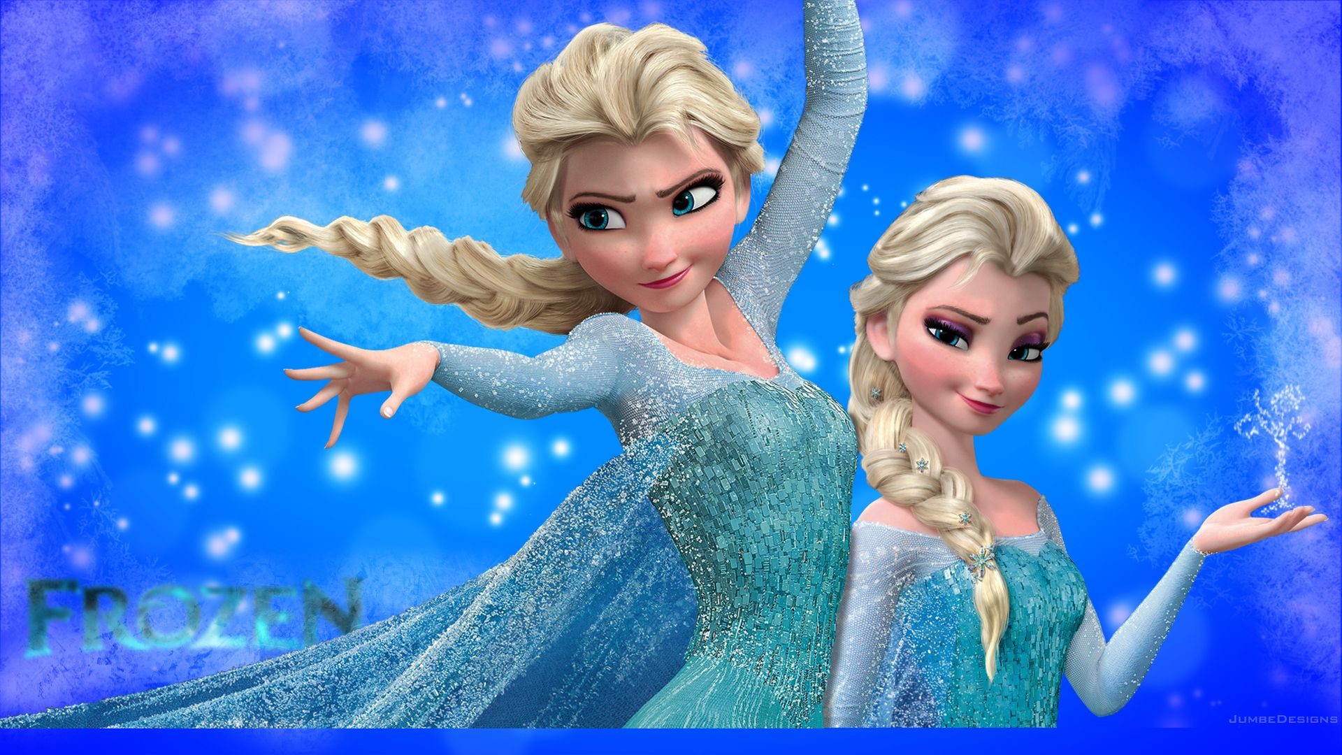 Elsa from Disney's Frozen, conjuring ice magic against a sparkling blue backdrop