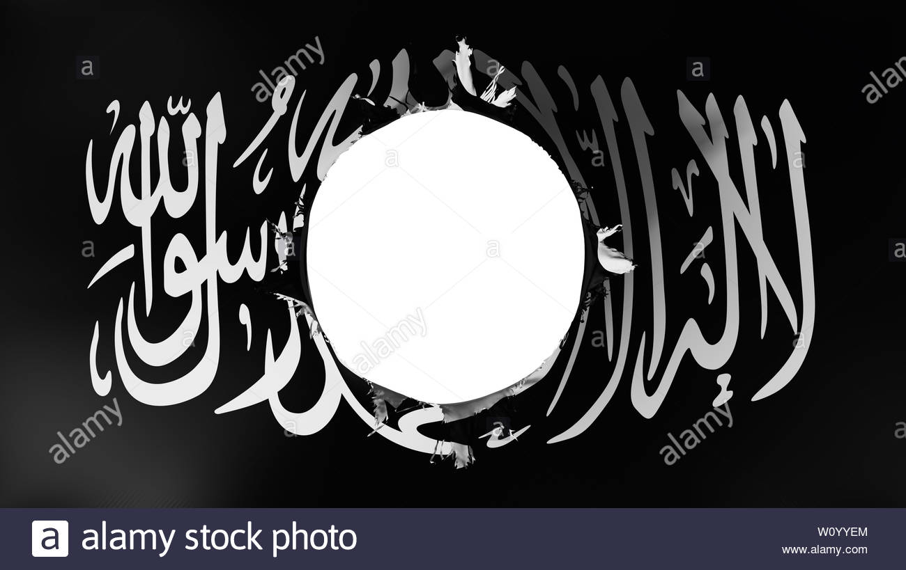 Hole Cut In The Flag Of Black Jihad White Background 3d