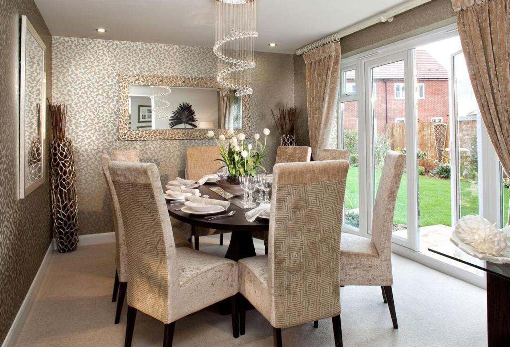 Modern Beige Brown White Dining Room With Chandelier Wallpaper