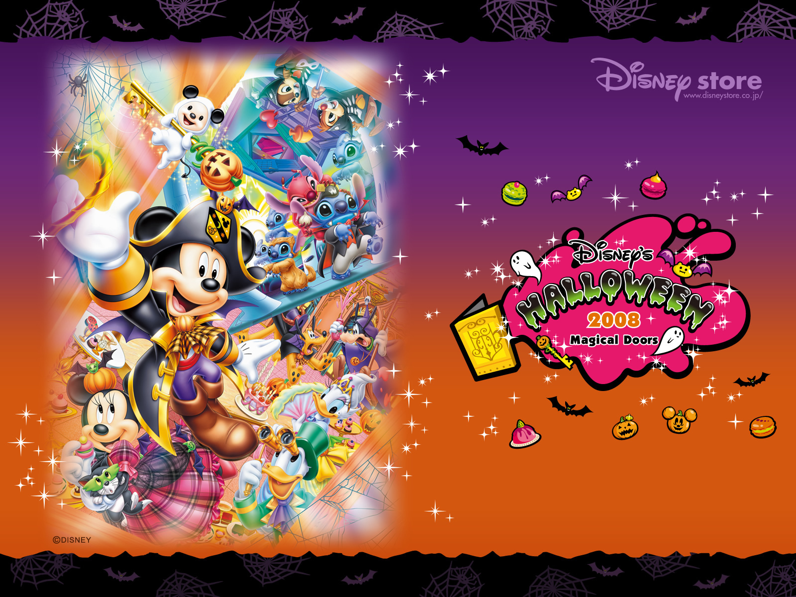 Disney Halloween 2008 wallpaper featuring Mickey Mouse, Minnie Mouse, Donald Duck, Daisy Duck, Stitch, and other Disney characters celebrating Halloween with magical doors