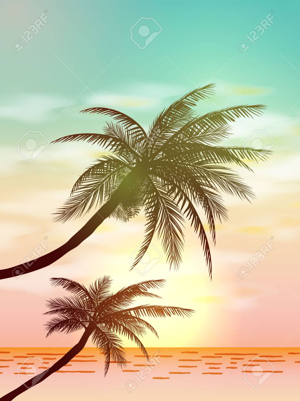 Summer Tropical Background With Palms Sky And Sunset