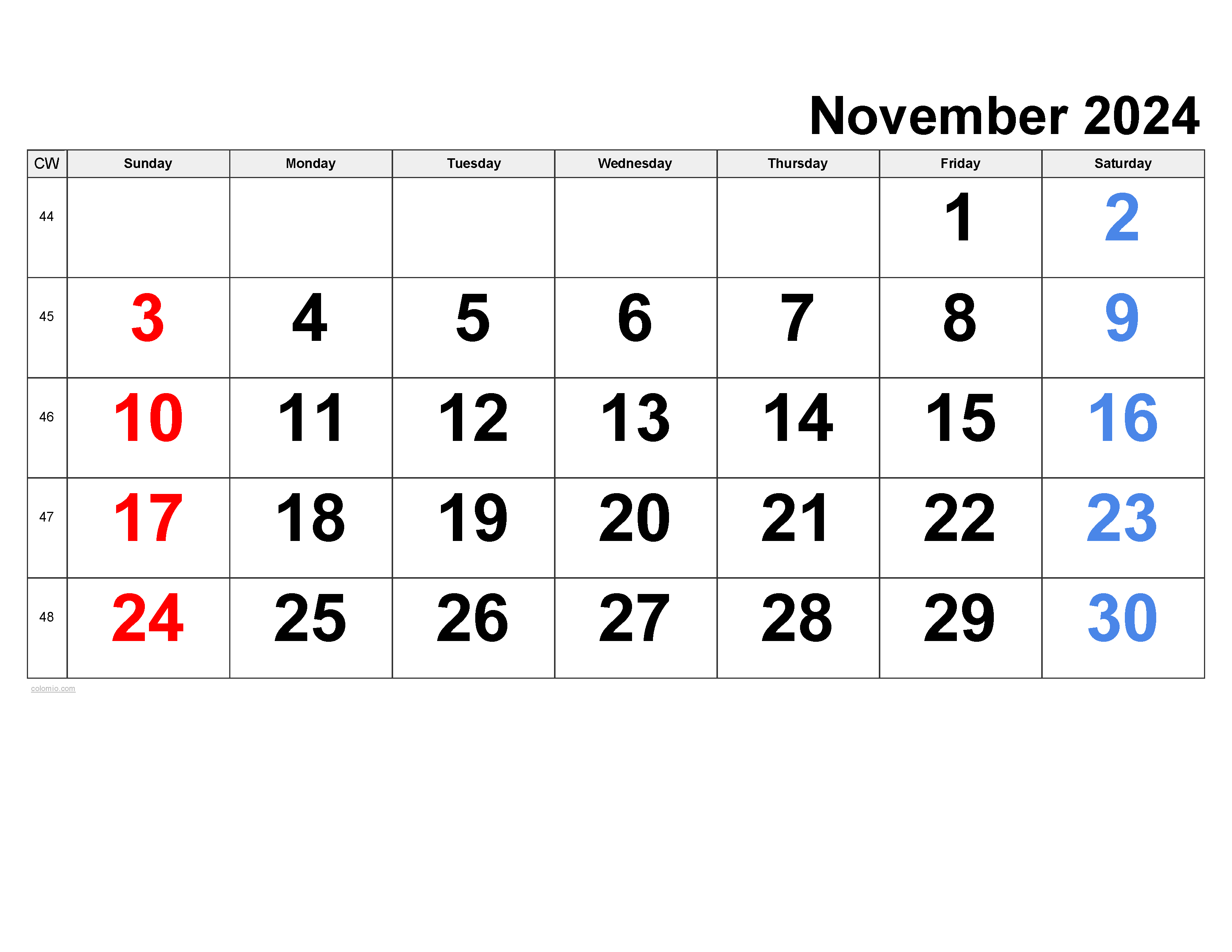 November 2024 calendar with clear dates and week days