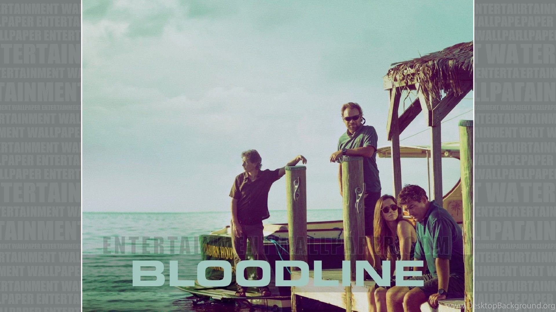 Promotional image for the Netflix series 'Bloodline' featuring four characters on a dock by the water