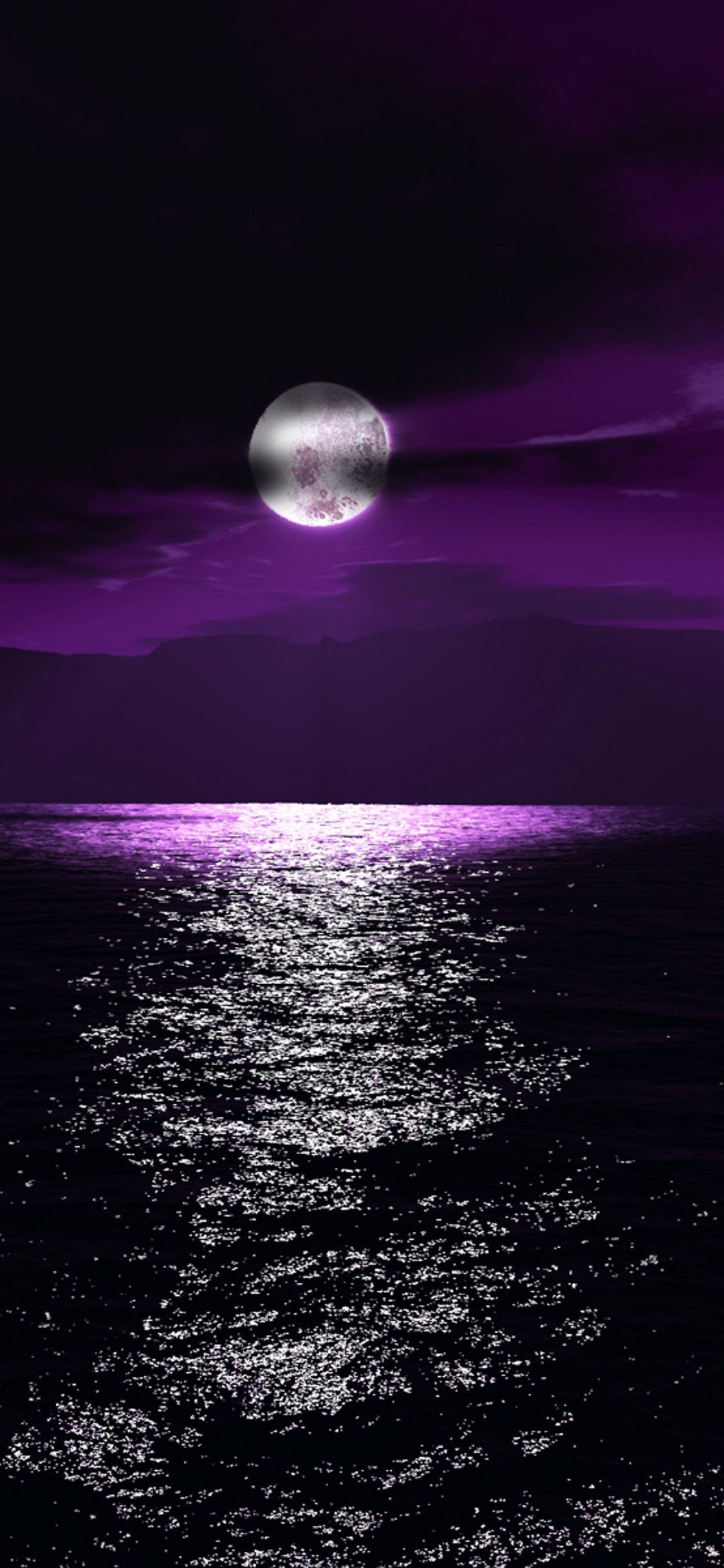 A mesmerizing purple moonlit night over a tranquil body of water. The moon's reflection creates a shimmering path across the dark surface, perfect for an iPhone 14 Pro Max wallpaper