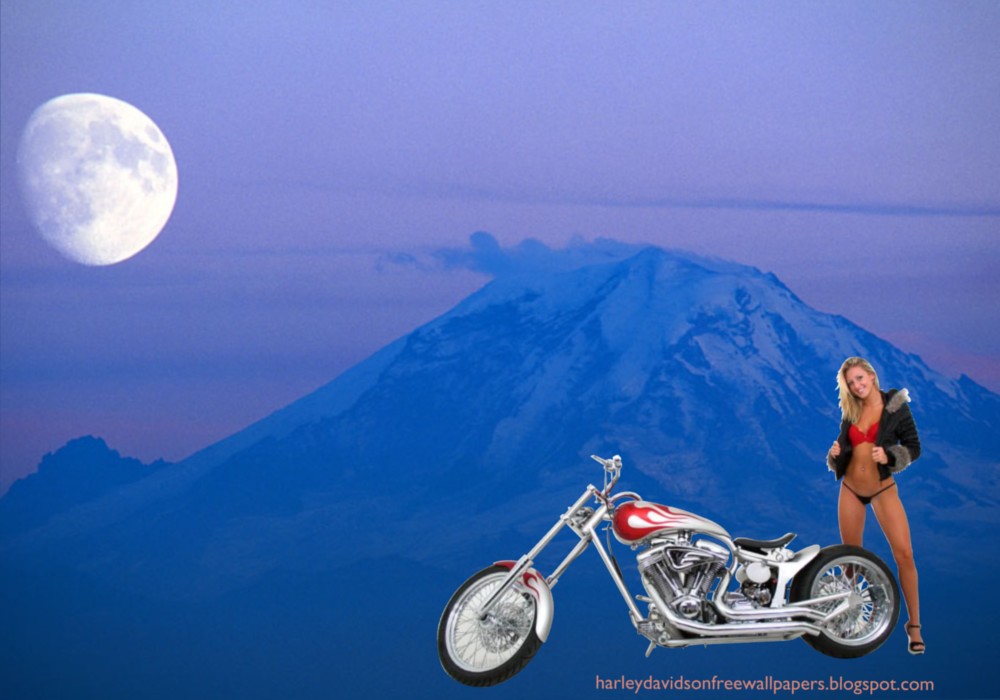  Bikini Girl Standing near Bike in Blue Moon Mountain wallpaper