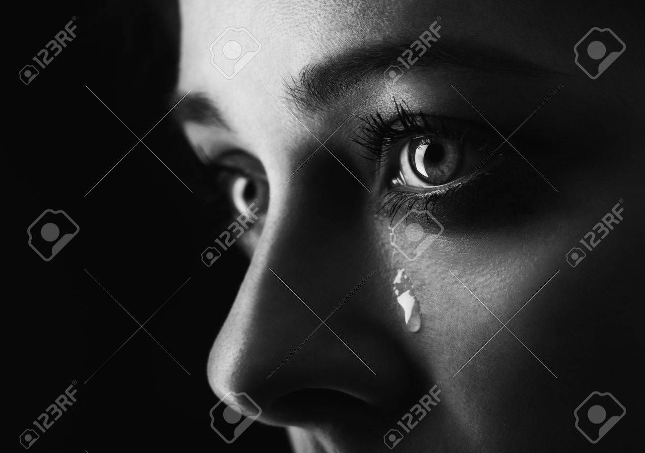 Beautiful Girl Crying On Black Background Height Contrast Film