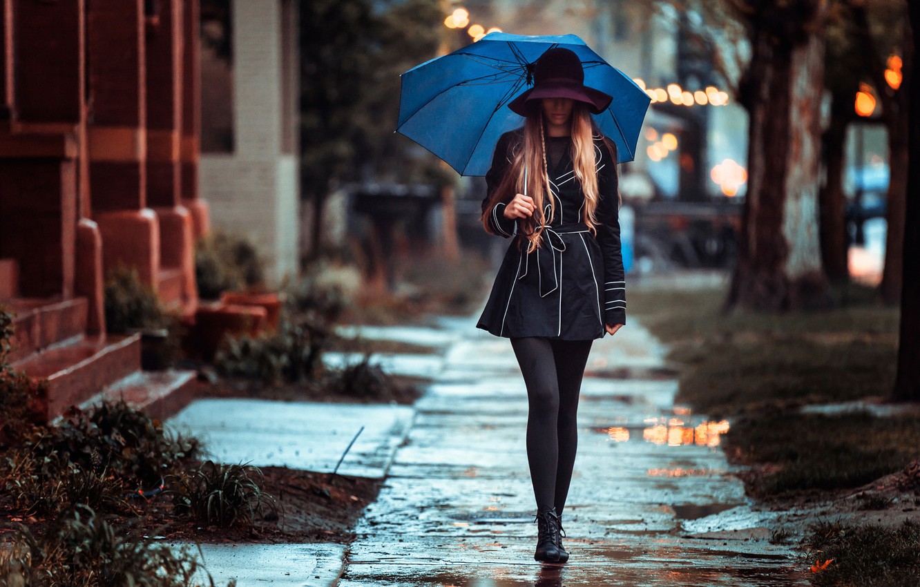 Wallpaper Girl Rain Street Umbrella Gait Rainy Day Image For