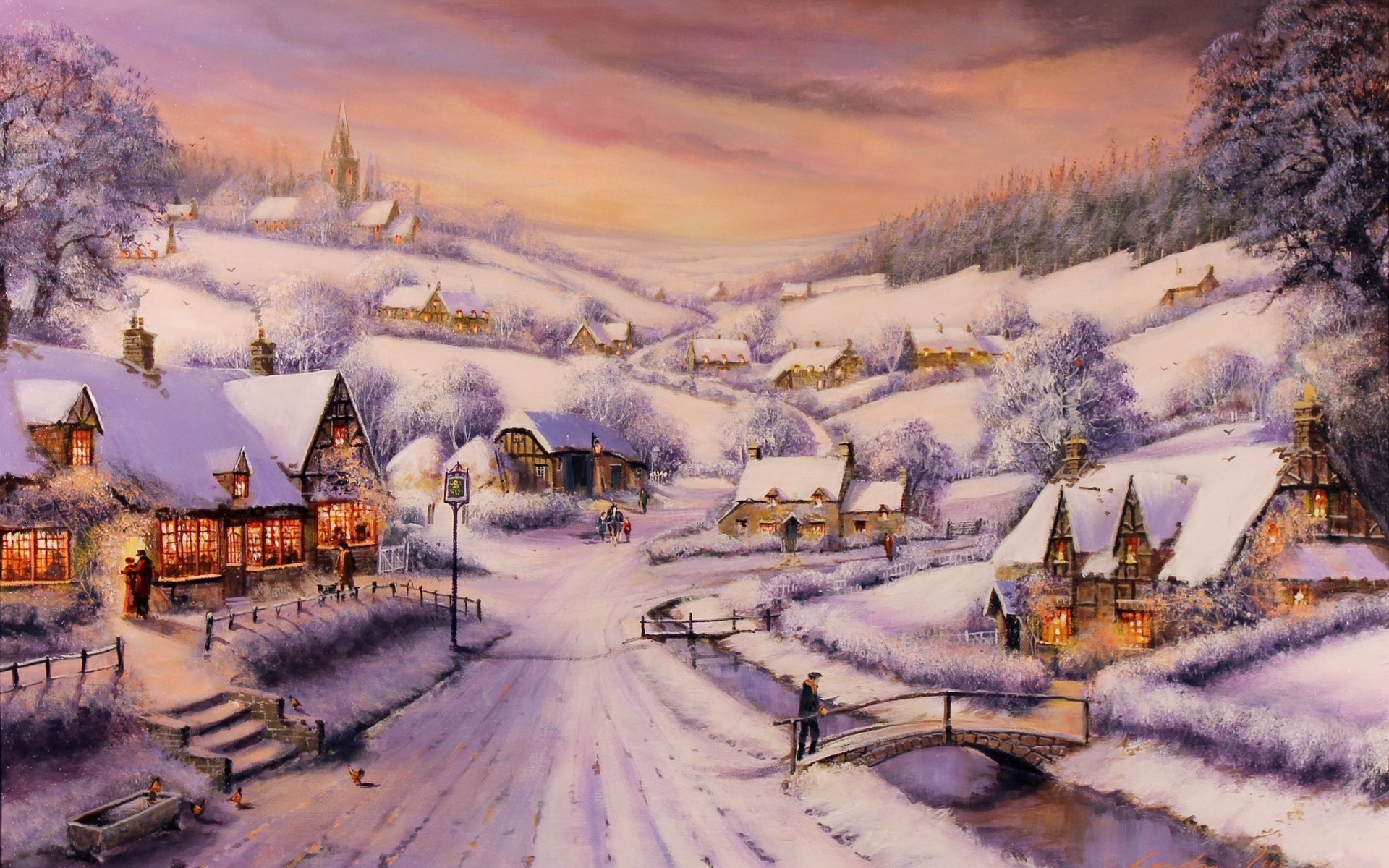 Lees Art Paintings Christmas Snow Houses Rustic People Town Wallpaper