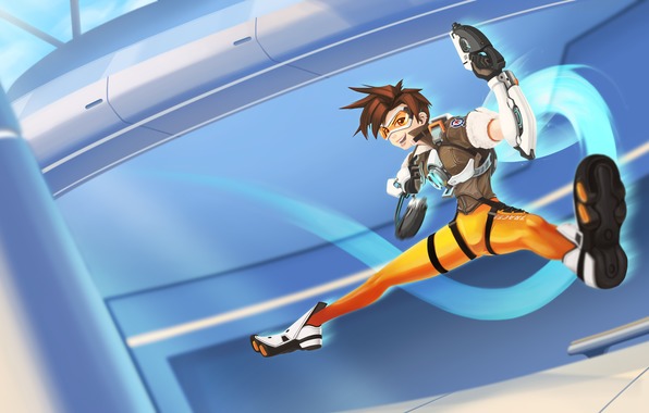Overwatch Blizzard Tracer Girl Suit Jump Glasses Smile