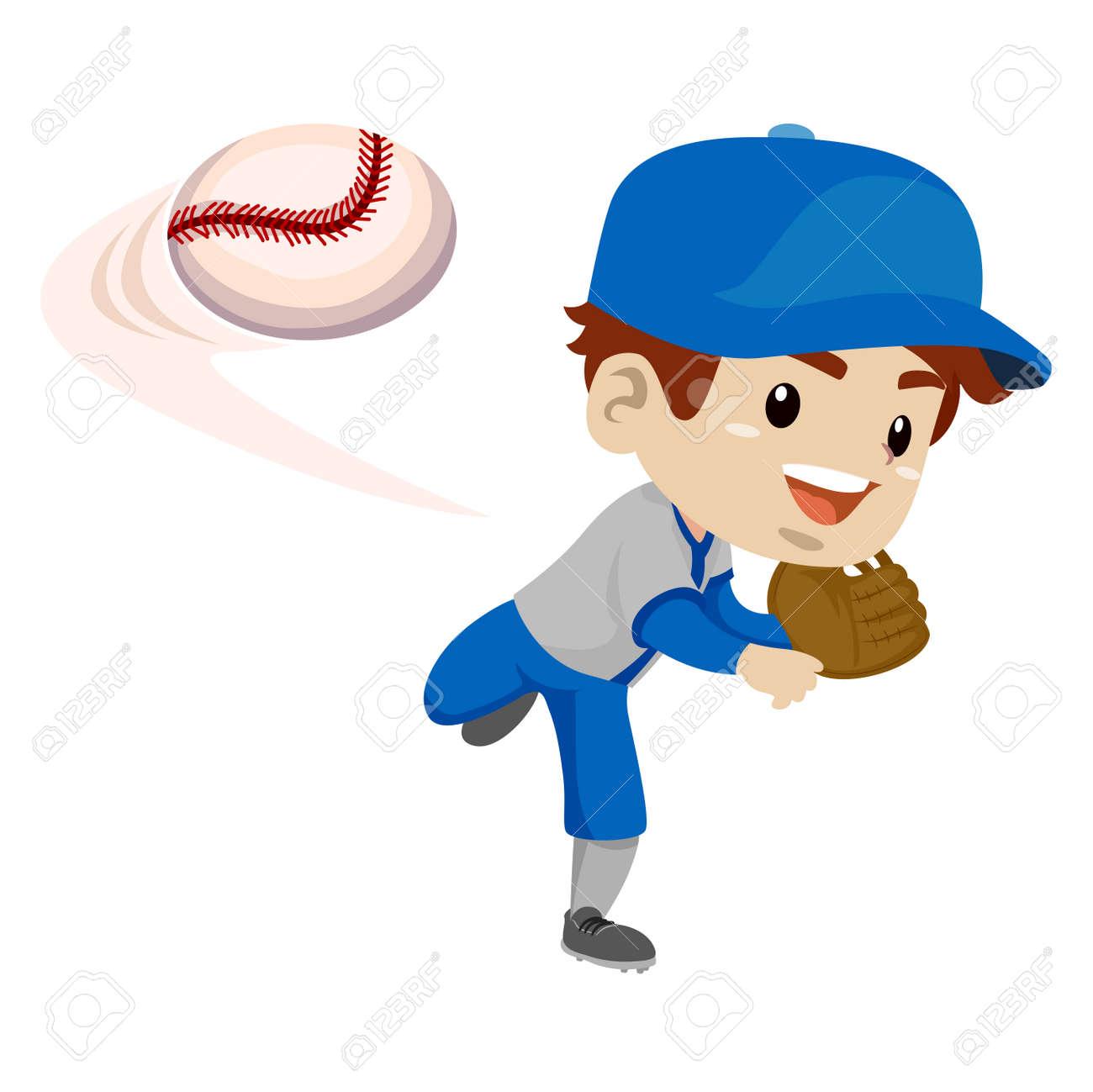 Vector Illustration Of Kid Boy Baseball Player Throwing The Ball