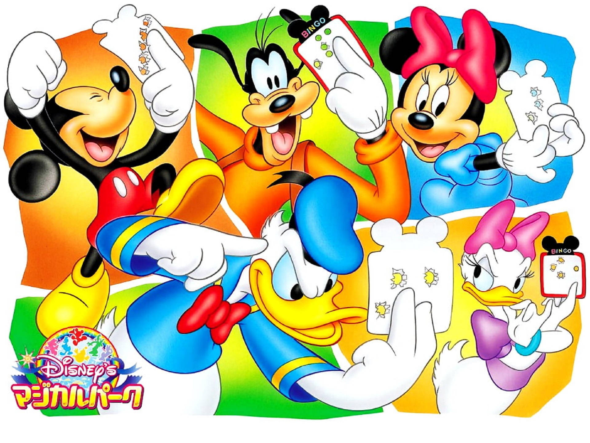 A vibrant collage featuring classic Disney characters Mickey Mouse, Minnie Mouse, Donald Duck, Daisy Duck, and Goofy playing Bingo, perfect for Disney fans of all ages