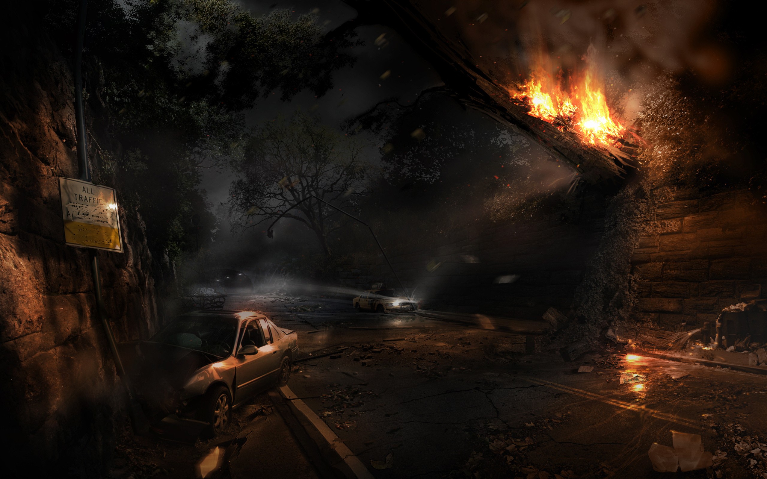 Video Games Ruins Night Fire Alone In The Dark Artwork