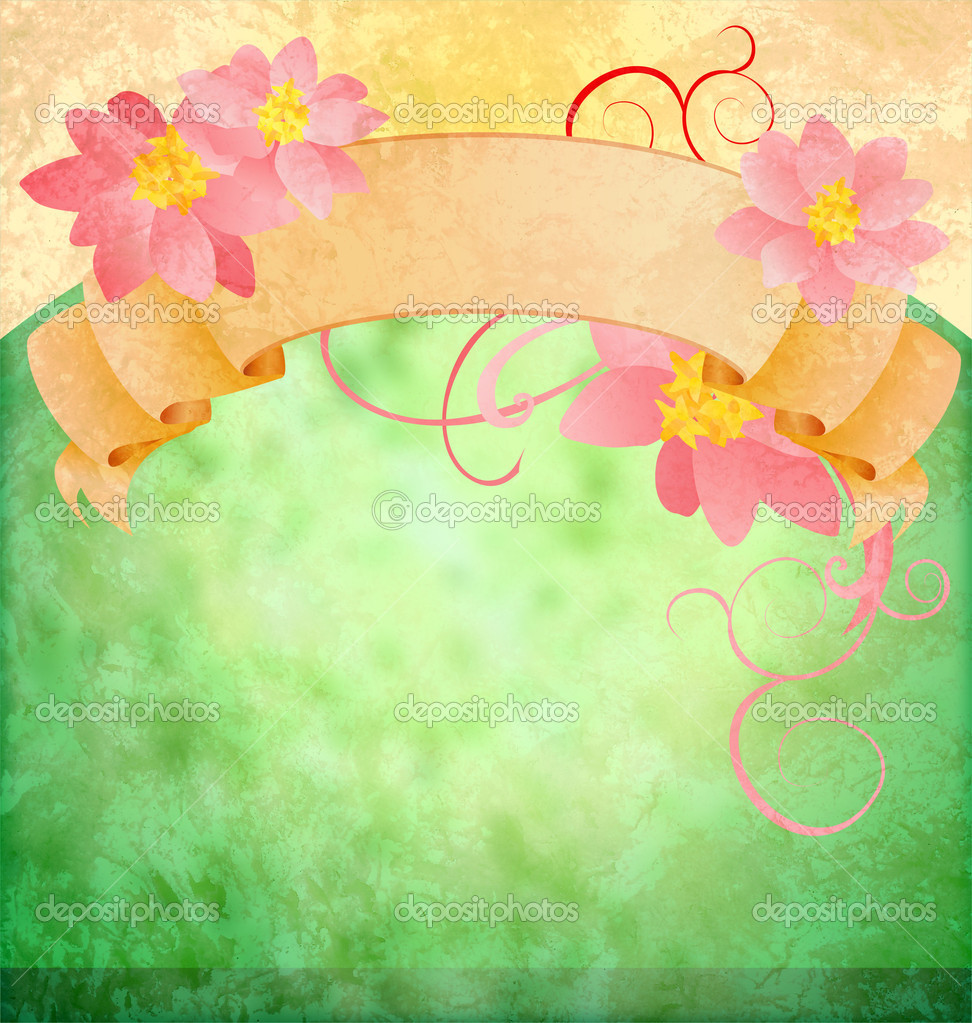 Grunge Vintage Green Background With Pink Flowers And Scroll Stock 972x1023
