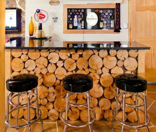 Wallpapered Bar To Look Like Logs Very Cool