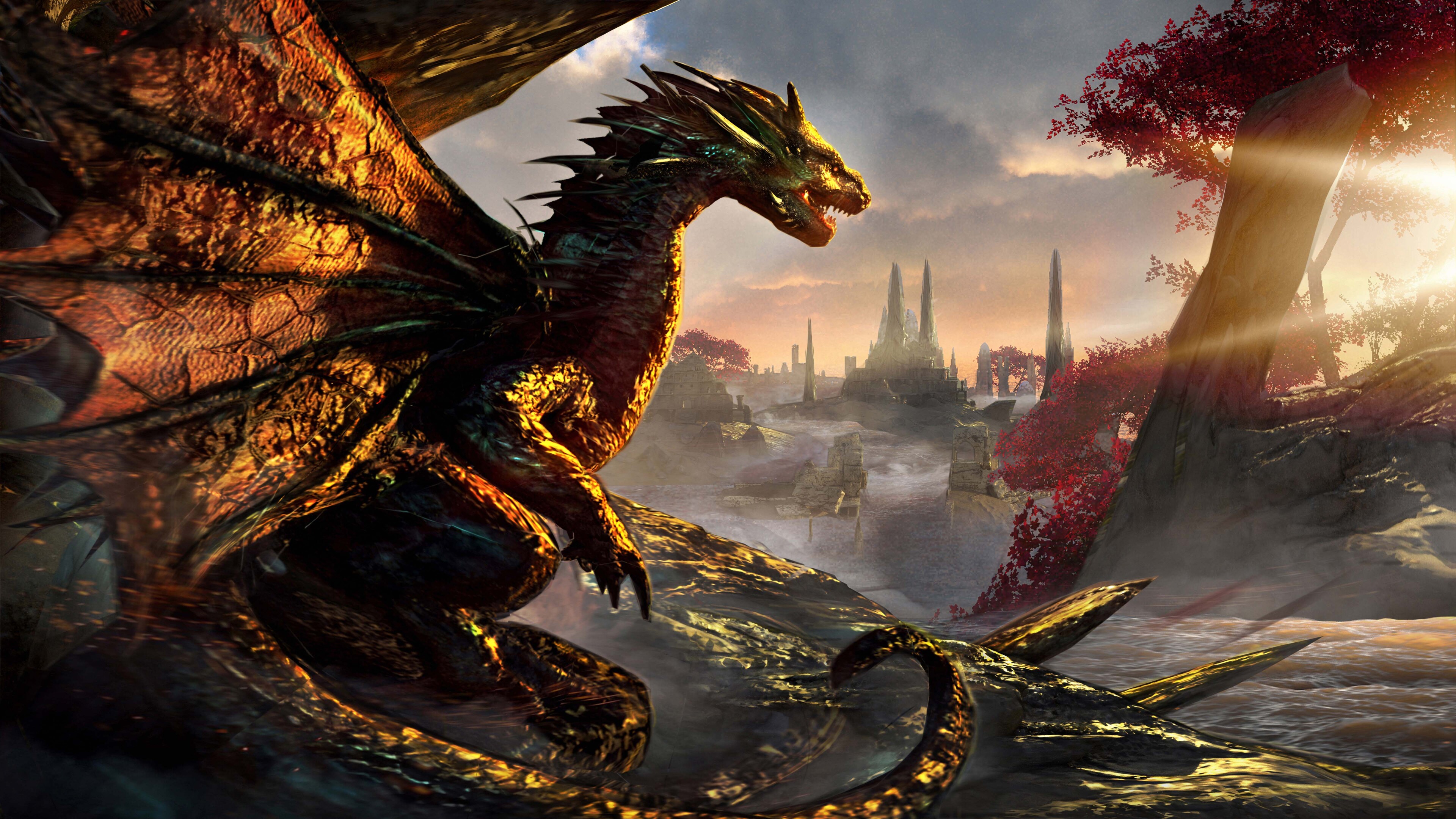 A majestic golden dragon perched on a cliff, overlooking a mystical landscape with a grand castle in the background